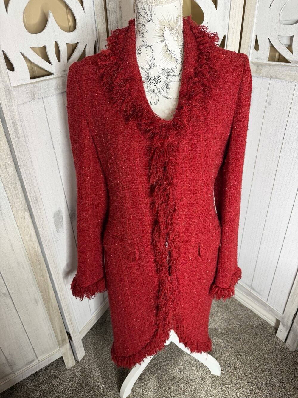 Avenue Montaigne Red Tweed Fringe Trim Y2K Jacket Wool Blend Size Medium (3)